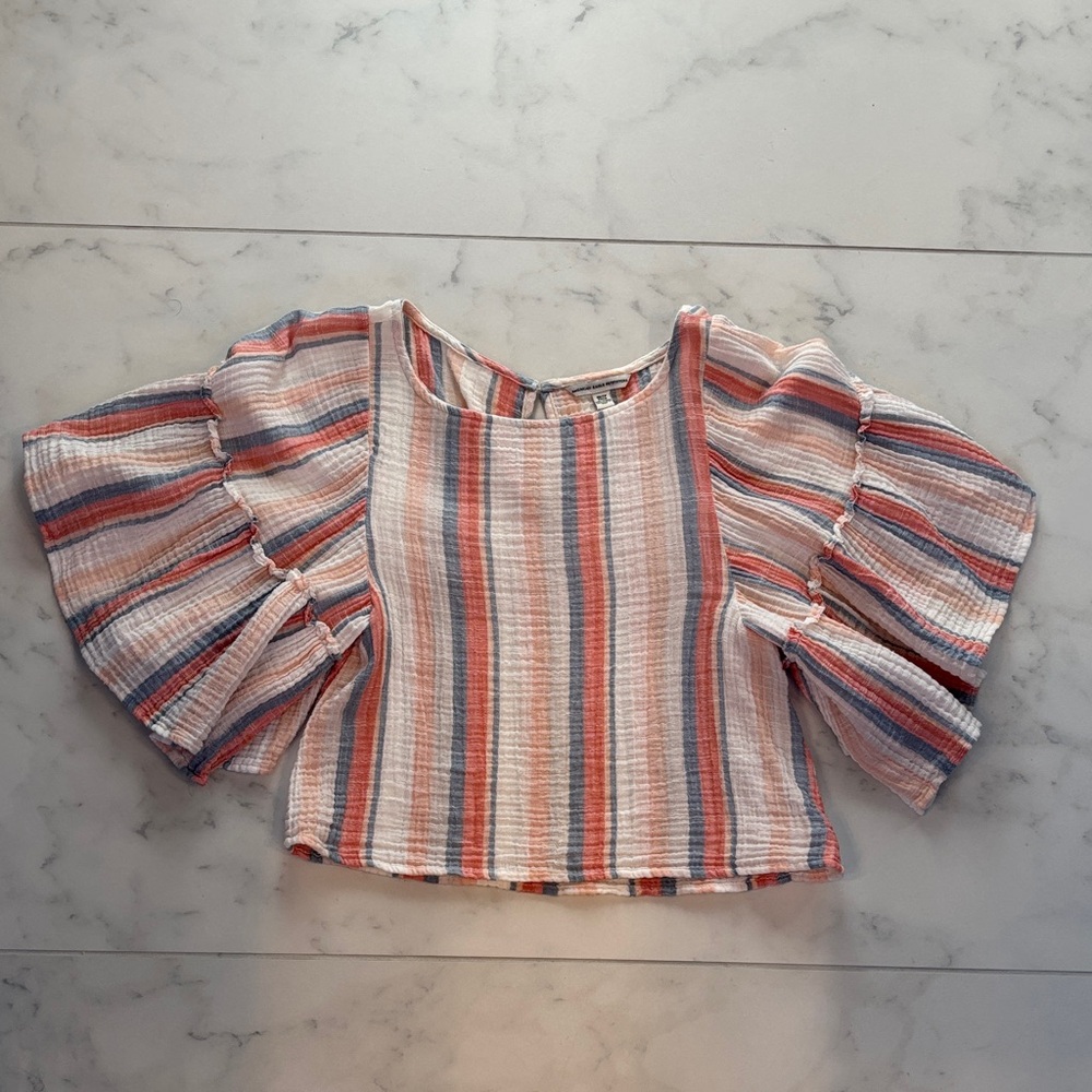 American Eagle Outfitters Striped Cotton Bohemian Ruffled Bell Sleeve Crop Top